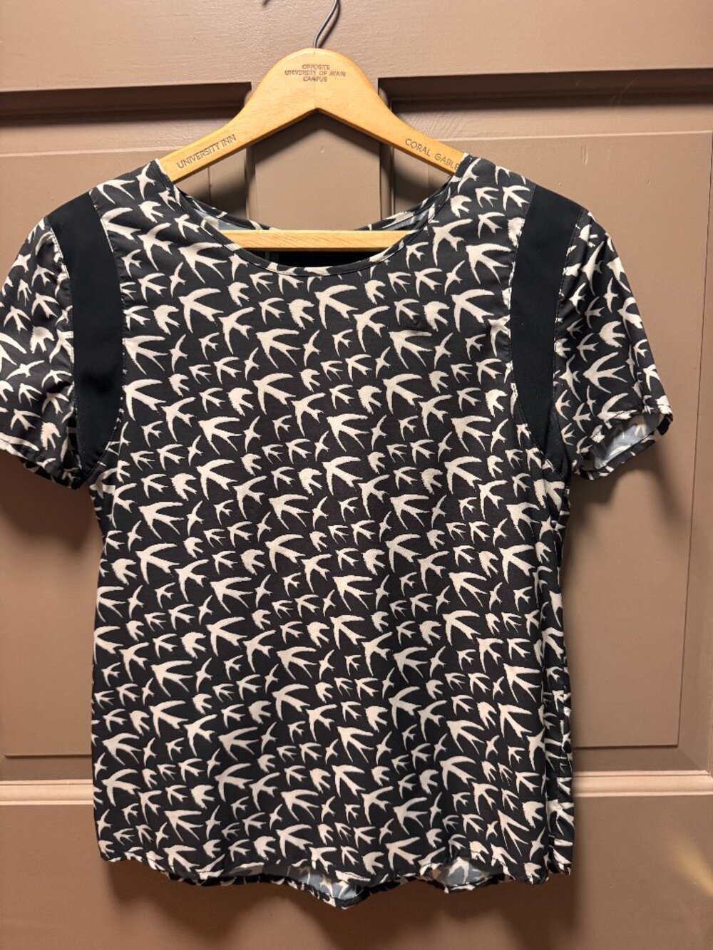 Noir Black Cream Bird Print Short Sleeve Blouse XS